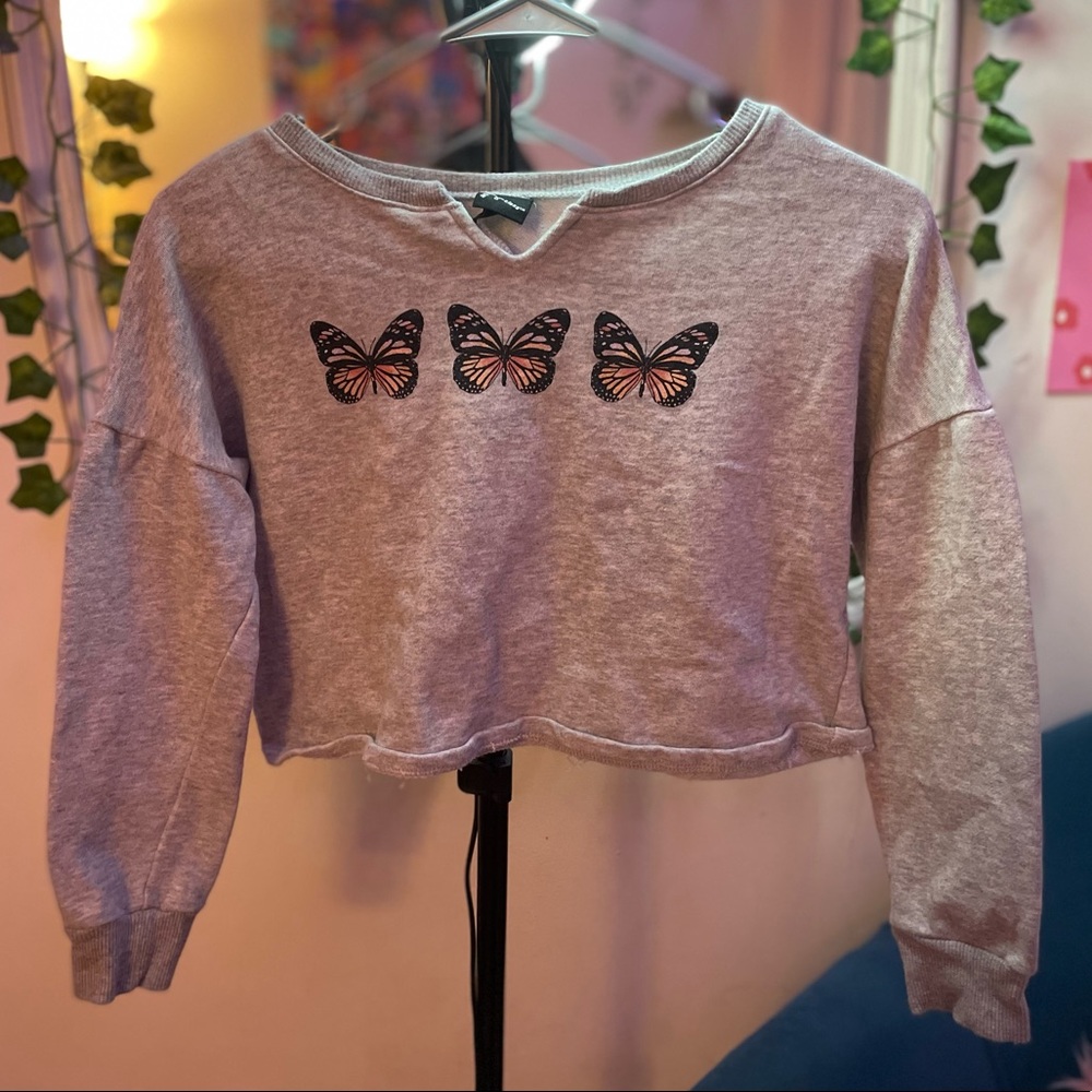 Grey Butterfly Crop Top Sweater